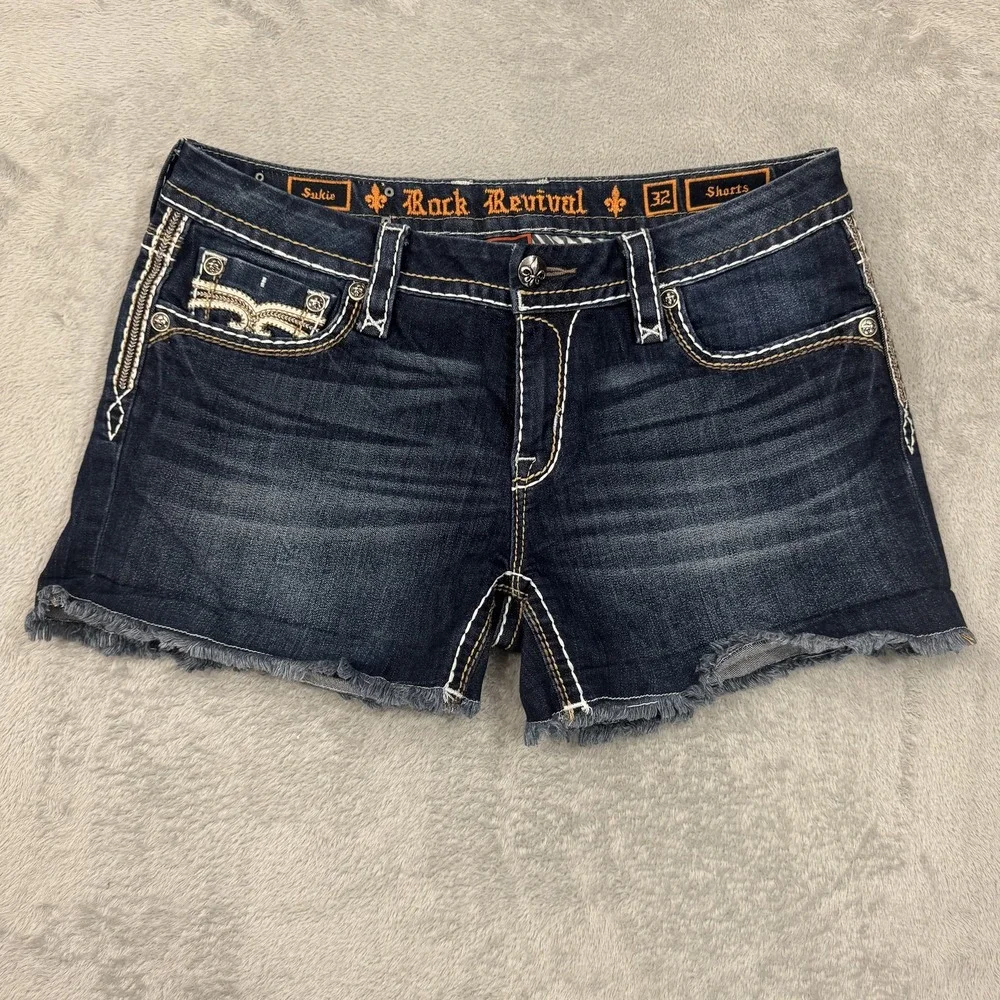 Rock Revival Sukie Shorts Women's 32 Cut Off Denim Fleur De Lis Button Pockets